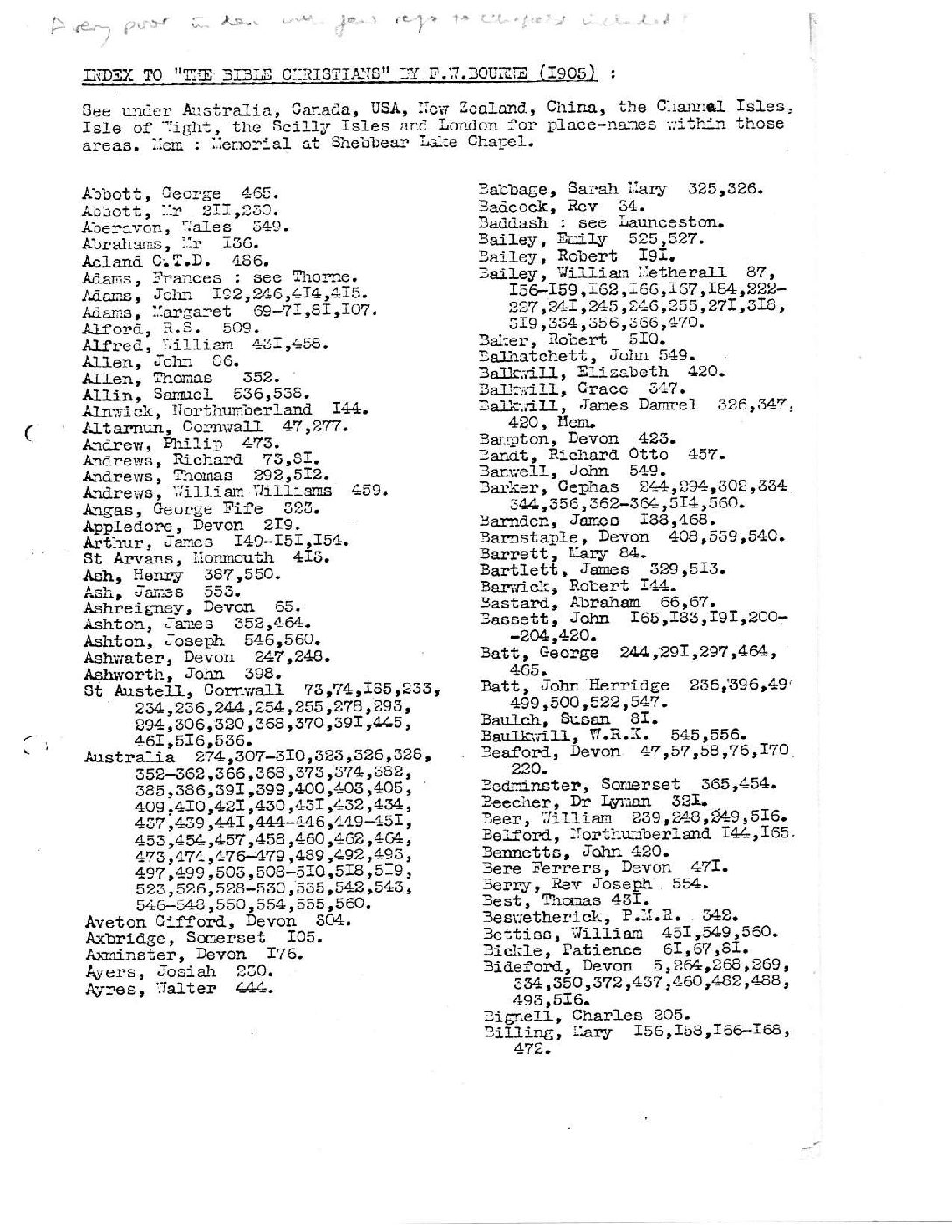 Index to The Bible Christians: Their Origin and History (1815-1900.) by F.W. Bourne (1905 edition)