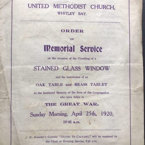whitley Bay UMC memorial i Page 1 of the Order of service for the unveiling of the stained glass memorial window at Whitley Bay United Methodist church | provided by Nick Peck 2023