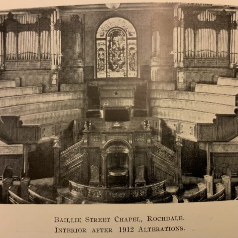 The interior of Baillie Street United Methodist Church Rochdale after the 1912 modernisation